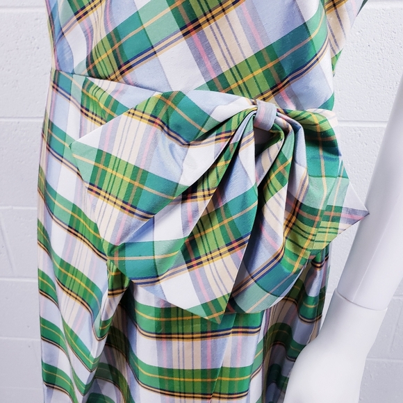 J Crew One Shoulder Sheath Dress Bow Faux Wrap Green Plaid Silk Blend Size 14 - Picture 7 of 11